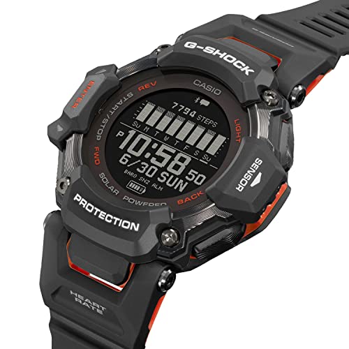 Casio Men's G-SHOCK Move GBD-H2000 Series, Multisport (Run, Bike, Swim, Gym Workout), GPS + Heart Rate Watch, Quartz Solar Assisted Black and Red Watch with Black Resin Strap