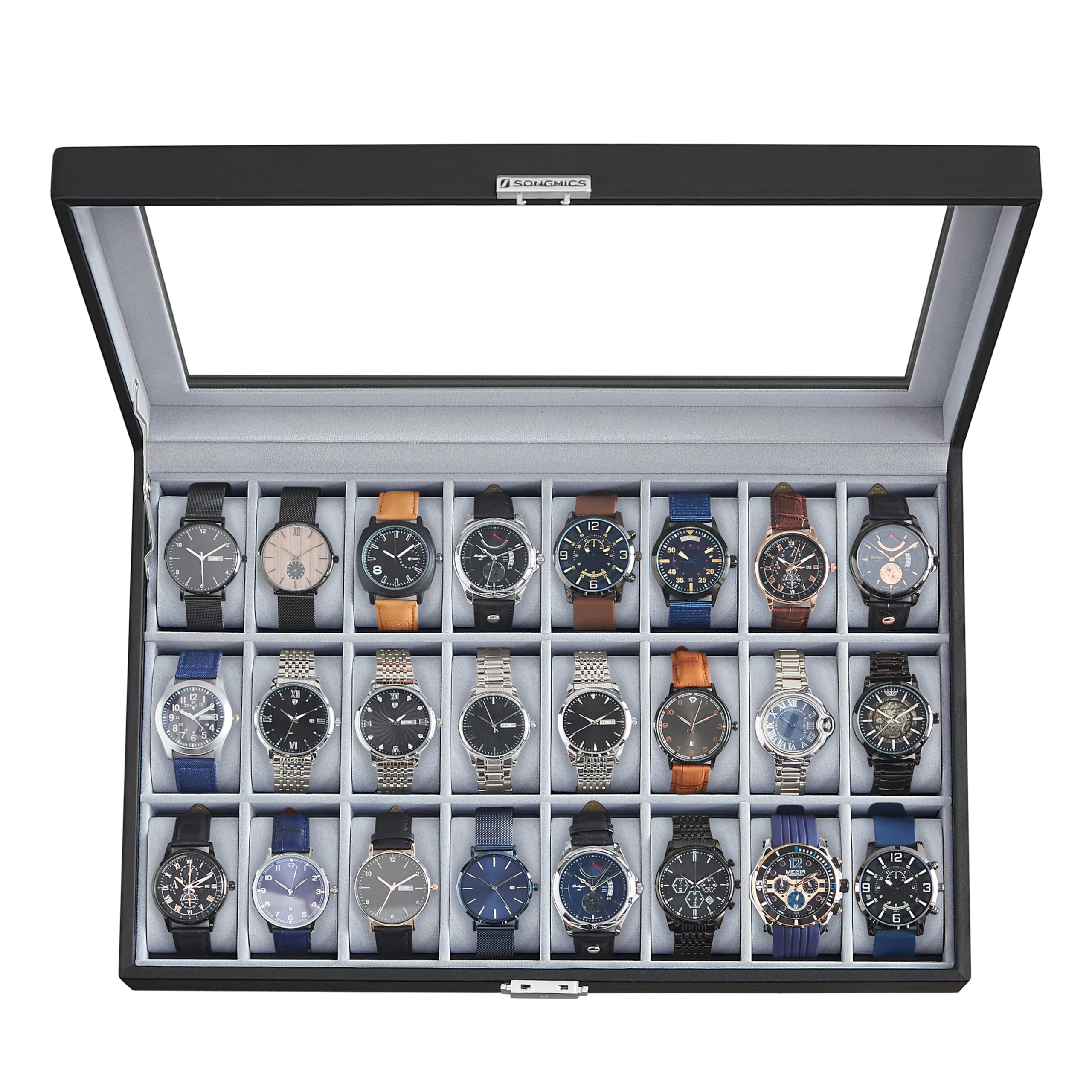 SONGMICS Watch Box, 24-Slot Watch Case, Lockable Watch Storage Box with Glass Lid, Gift Idea, Ink Black Synthetic Leather, Gray Lining UJWB024