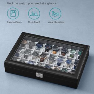 SONGMICS Watch Box, 24-Slot Watch Case, Lockable Watch Storage Box with Glass Lid, Gift Idea, Ink Black Synthetic Leather, Gray Lining UJWB024