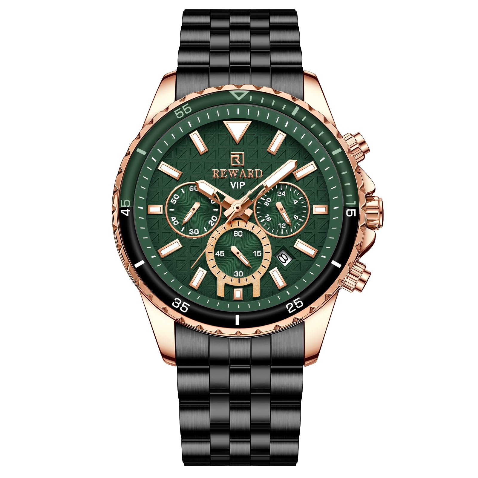 REWARD Mens Wrist Watches Fashion Round Dial Business Date Chronograph Luminous Waterproof Big Face Watch for Men Green Black