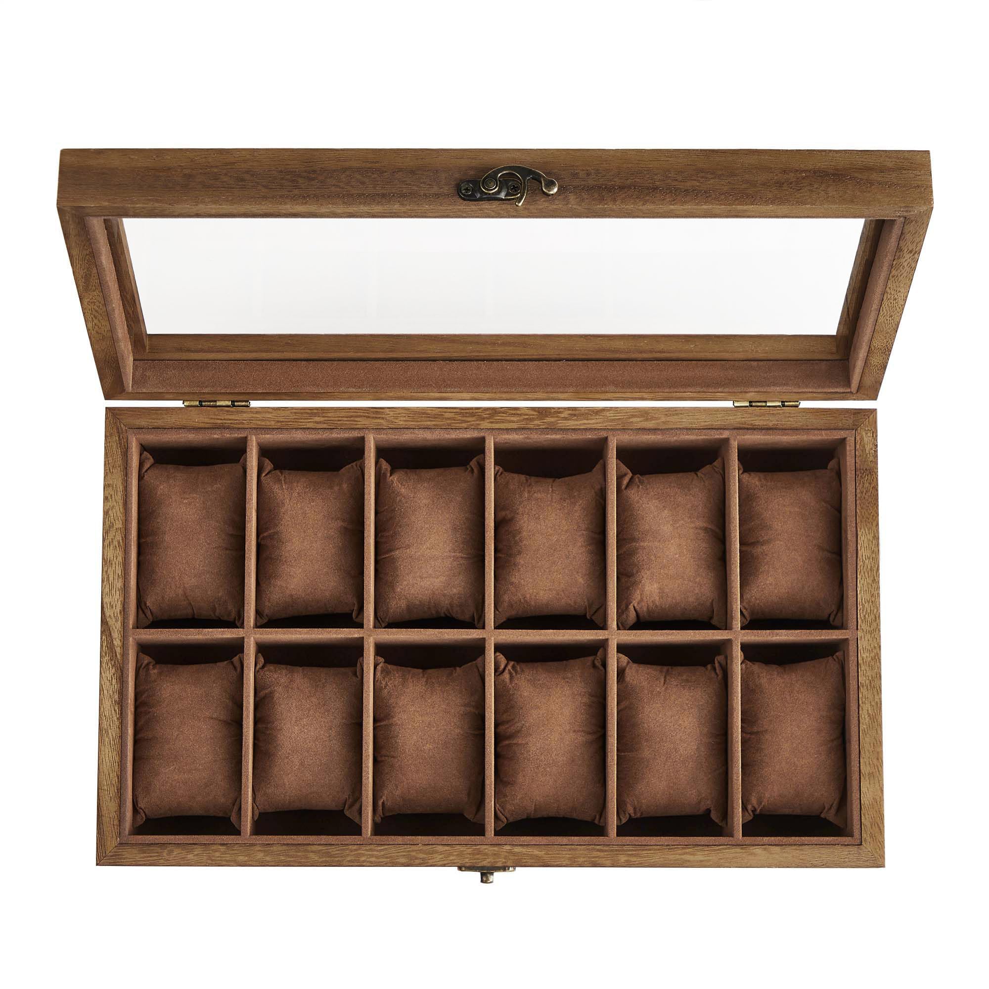 SONGMICS Watch Box, 12-Slot Watch Case, Solid Wood Watch Box Organizer with Glass Lid, Watch Display Case with Removable Pillows, Gift for Loved Ones, Rustic Walnut UJOW120K01