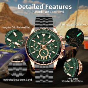 REWARD Mens Wrist Watches Fashion Round Dial Business Date Chronograph Luminous Waterproof Big Face Watch for Men Green Black