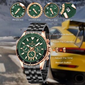 REWARD Mens Wrist Watches Fashion Round Dial Business Date Chronograph Luminous Waterproof Big Face Watch for Men Green Black