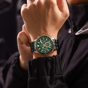 REWARD Mens Wrist Watches Fashion Round Dial Business Date Chronograph Luminous Waterproof Big Face Watch for Men Green Black