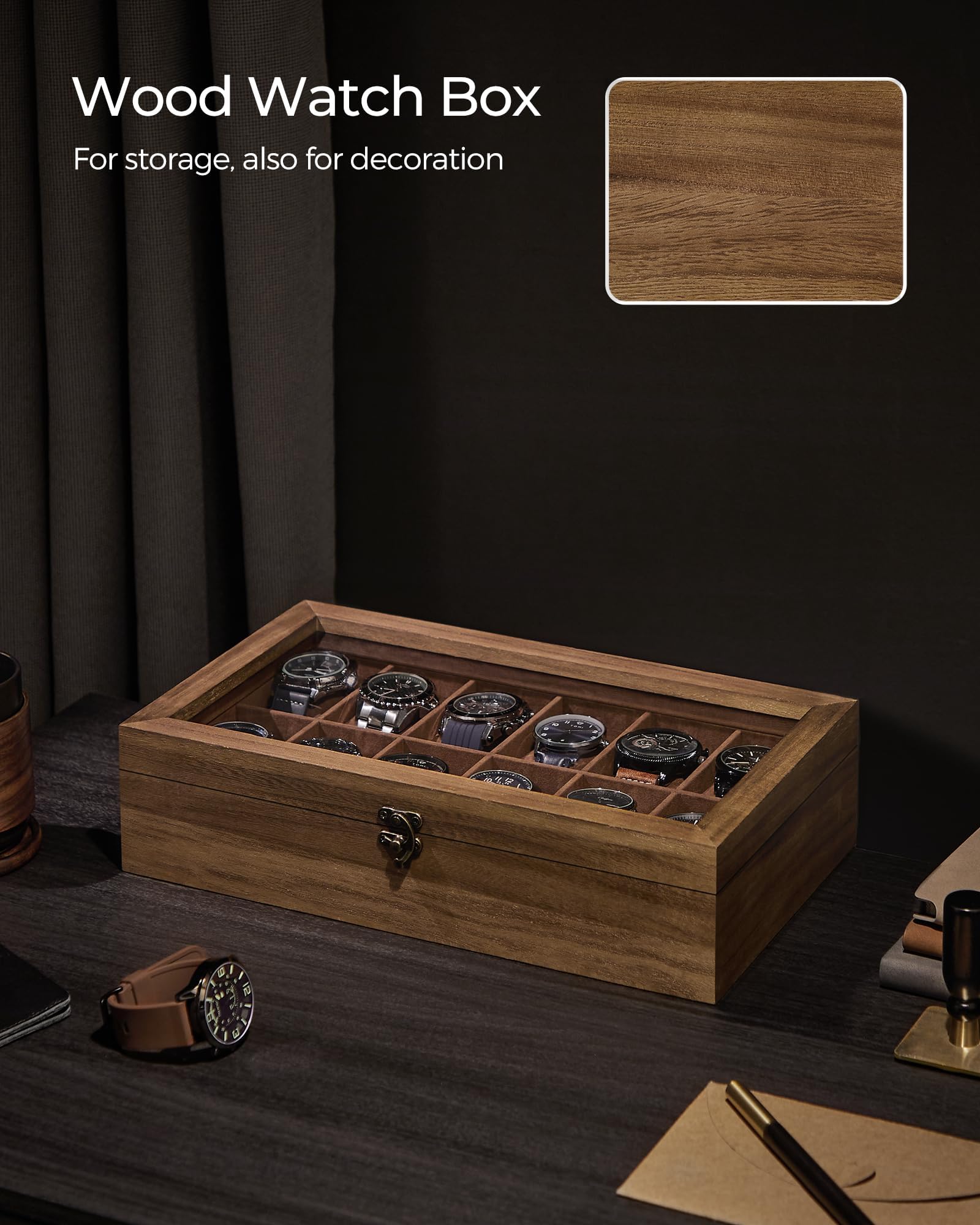 SONGMICS Watch Box, 12-Slot Watch Case, Solid Wood Watch Box Organizer with Glass Lid, Watch Display Case with Removable Pillows, Gift for Loved Ones, Rustic Walnut UJOW120K01