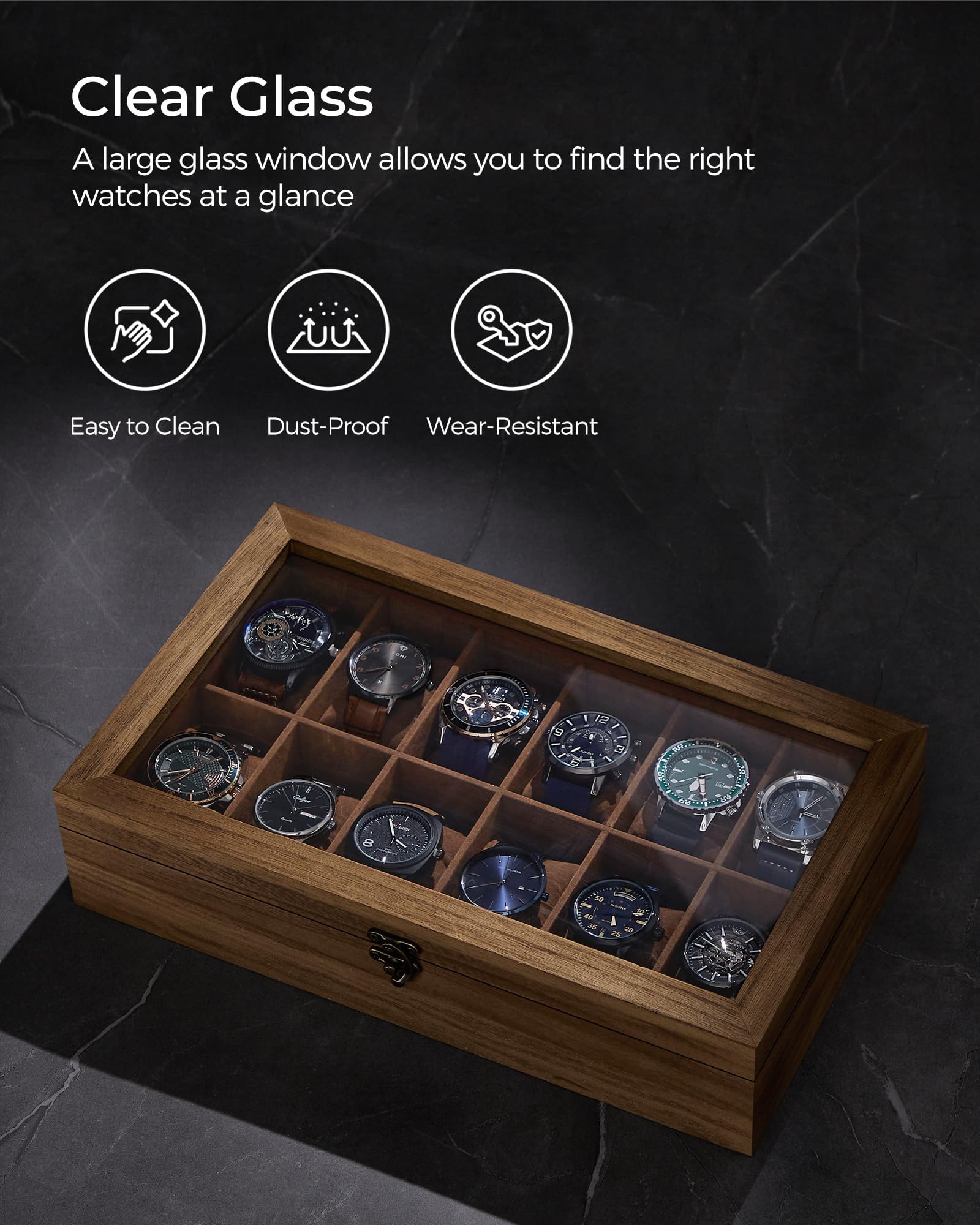 SONGMICS Watch Box, 12-Slot Watch Case, Solid Wood Watch Box Organizer with Glass Lid, Watch Display Case with Removable Pillows, Gift for Loved Ones, Rustic Walnut UJOW120K01