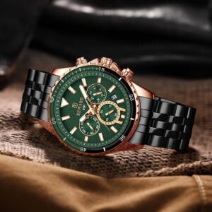 REWARD Mens Wrist Watches Fashion Round Dial Business Date Chronograph Luminous Waterproof Big Face Watch for Men Green Black