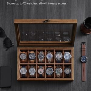 SONGMICS Watch Box, 12-Slot Watch Case, Solid Wood Watch Box Organizer with Glass Lid, Watch Display Case with Removable Pillows, Gift for Loved Ones, Rustic Walnut UJOW120K01