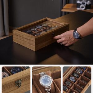 SONGMICS Watch Box, 12-Slot Watch Case, Solid Wood Watch Box Organizer with Glass Lid, Watch Display Case with Removable Pillows, Gift for Loved Ones, Rustic Walnut UJOW120K01