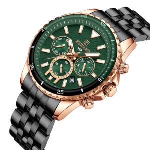 REWARD Mens Wrist Watches Fashion Round Dial Business Date Chronograph Luminous Waterproof Big Face Watch for Men Green Black