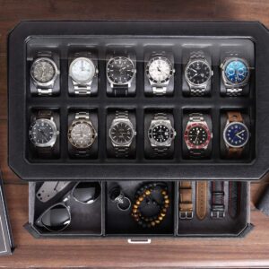 ROTHWELL 12 Slot Leather Watch Box with Valet Drawer - Luxury Watch and Jewelry Case Display Organizer, Microsuede liner, Mens Locking Watch Storage Holder Large Glass Top (Black/Grey)