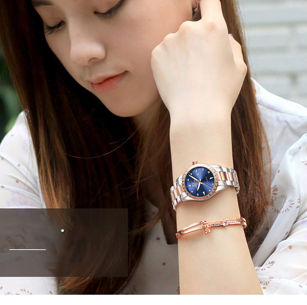 Women's Diamond Automatic Mechanical Rose Gold Stainless Steel Sapphire Waterproof Lady's Elegant Blue Watch (blue dial)