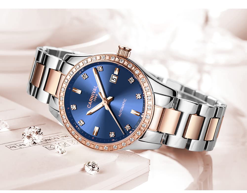 Women's Diamond Automatic Mechanical Rose Gold Stainless Steel Sapphire Waterproof Lady's Elegant Blue Watch (blue dial)