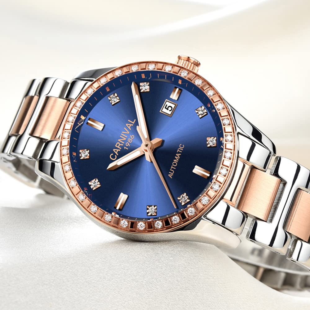 Women's Diamond Automatic Mechanical Rose Gold Stainless Steel Sapphire Waterproof Lady's Elegant Blue Watch (blue dial)