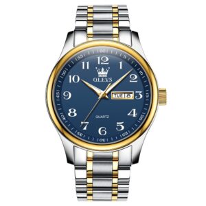 OLEVS Blue Watch for Men Stainless Steel Analog Large Number Watches with Date and Date Casual Luminous Two Tone Band Men's Wrist Watch Easy Reader Men Dress Watch Arabic Male Nice Metal Watch Quartz