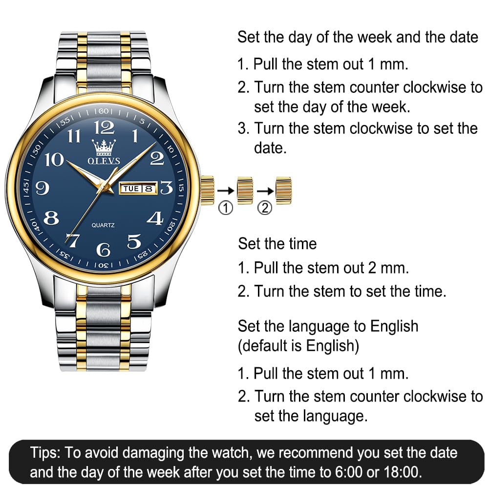 OLEVS Blue Watch for Men Stainless Steel Analog Large Number Watches with Date and Date Casual Luminous Two Tone Band Men's Wrist Watch Easy Reader Men Dress Watch Arabic Male Nice Metal Watch Quartz