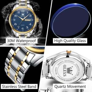 OLEVS Blue Watch for Men Stainless Steel Analog Large Number Watches with Date and Date Casual Luminous Two Tone Band Men's Wrist Watch Easy Reader Men Dress Watch Arabic Male Nice Metal Watch Quartz