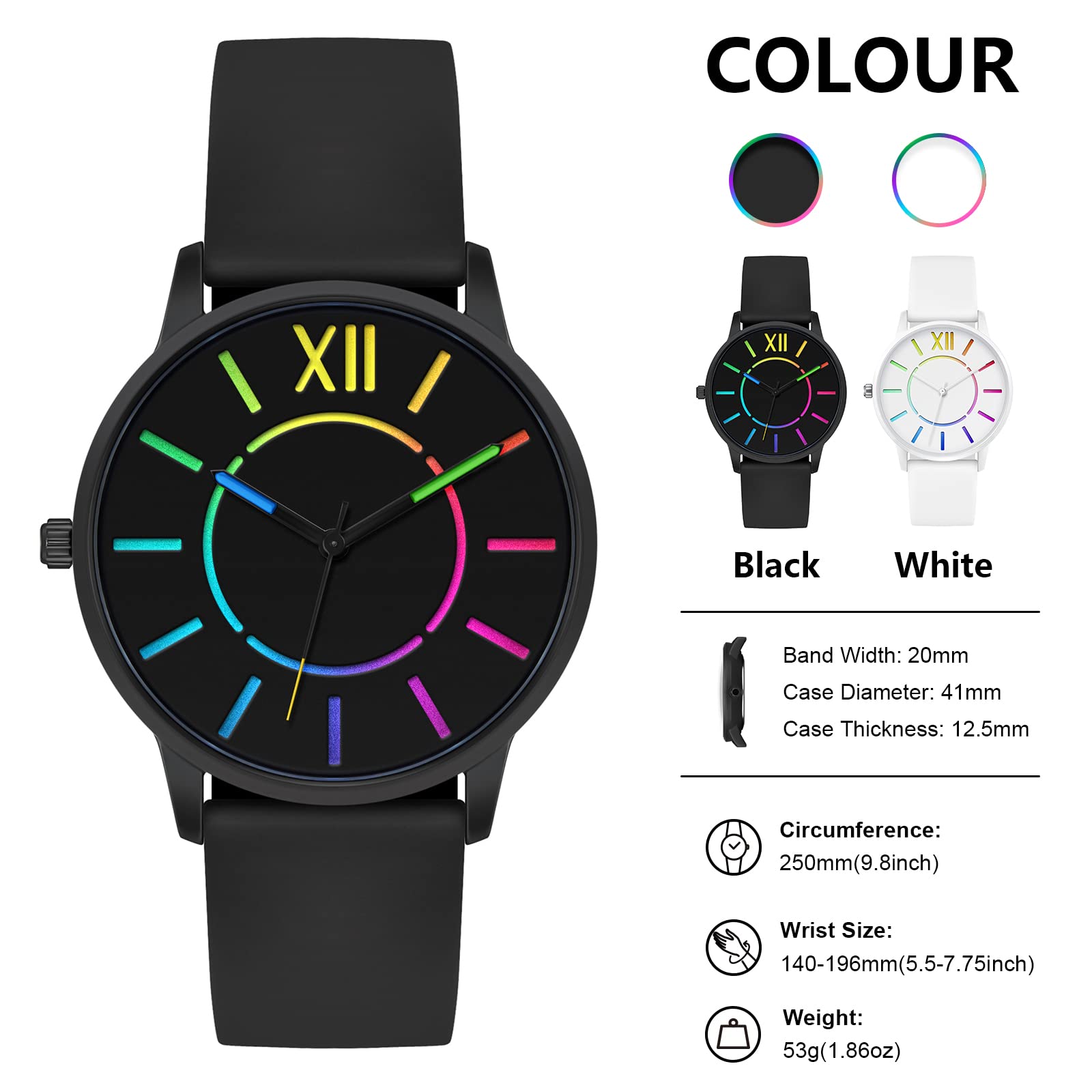 Bisley Unisex Black Watch Silicone Bands Rainbow Watch Waterproof Analog Watches