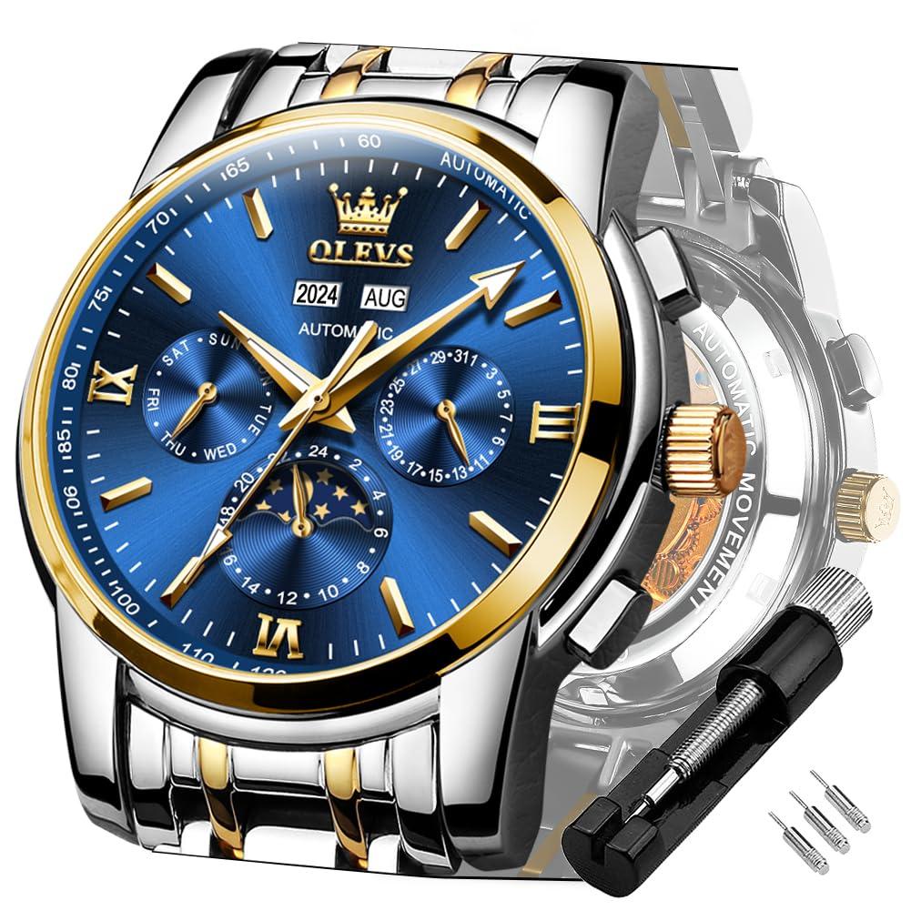 OLEVS Automatic Men Watches Mechanical Self Winding Luxury Dress Moon Phase Dial Blue Face White Stainless Steel Waterproof Luminous Men Wrist Watch