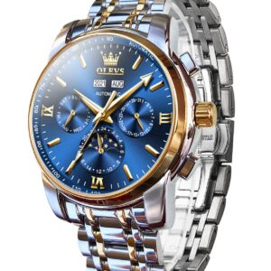 OLEVS Automatic Men Watches Mechanical Self Winding Luxury Dress Moon Phase Dial Blue Face White Stainless Steel Waterproof Luminous Men Wrist Watch