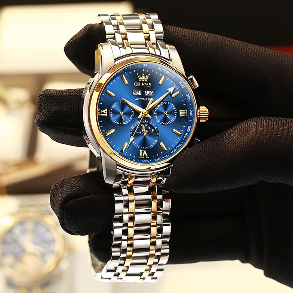 OLEVS Automatic Men Watches Mechanical Self Winding Luxury Dress Moon Phase Dial Blue Face White Stainless Steel Waterproof Luminous Men Wrist Watch