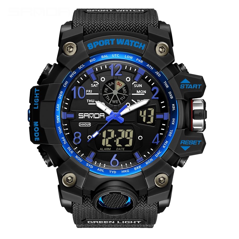 AIMES Mens Watches Sports Outdoor Waterproof Military Watch for Men Tactical Watch Analog Digital Date Alarm Stopwatch Black Blue Multi-Function Tactics Big Face Wristwatch for Men