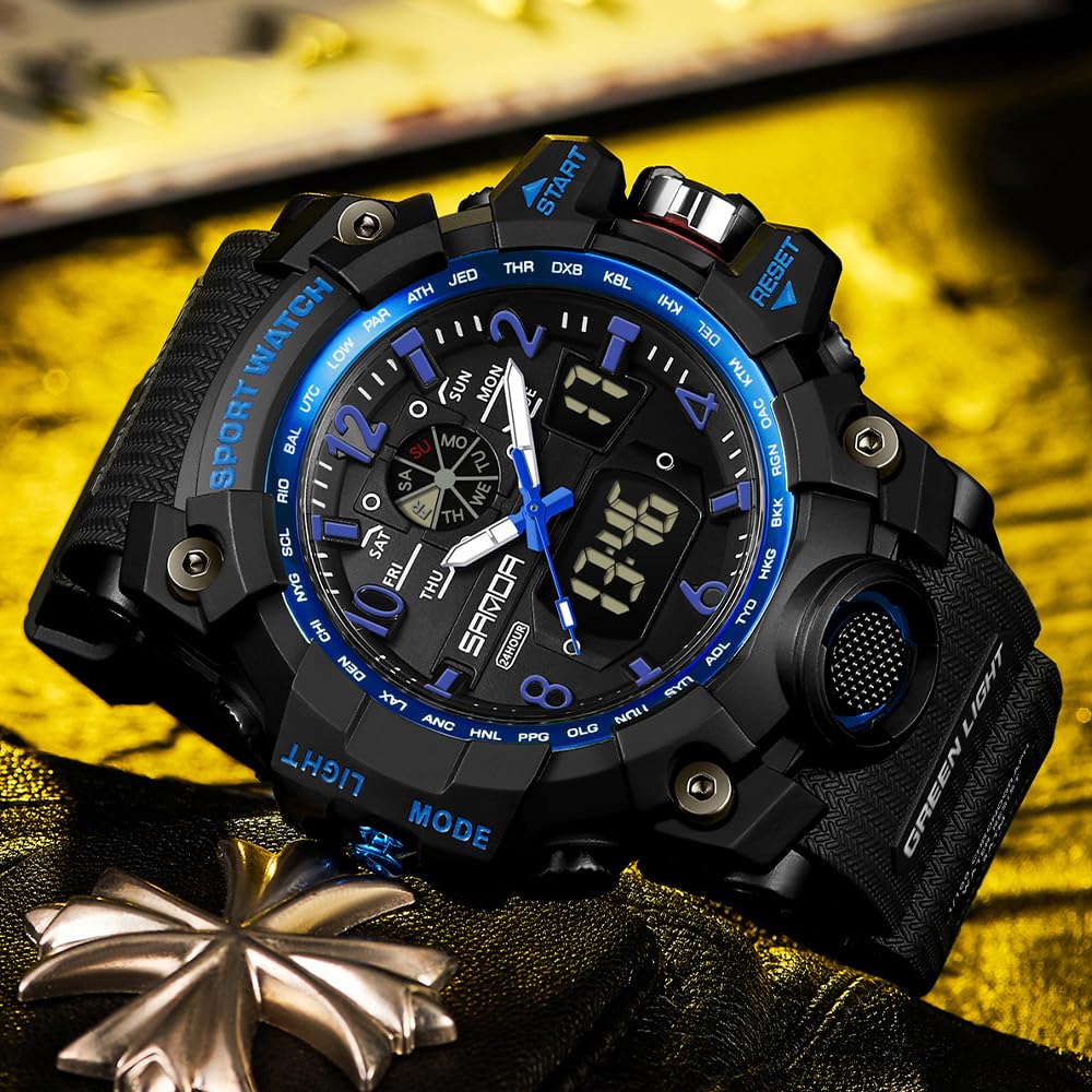 AIMES Mens Watches Sports Outdoor Waterproof Military Watch for Men Tactical Watch Analog Digital Date Alarm Stopwatch Black Blue Multi-Function Tactics Big Face Wristwatch for Men