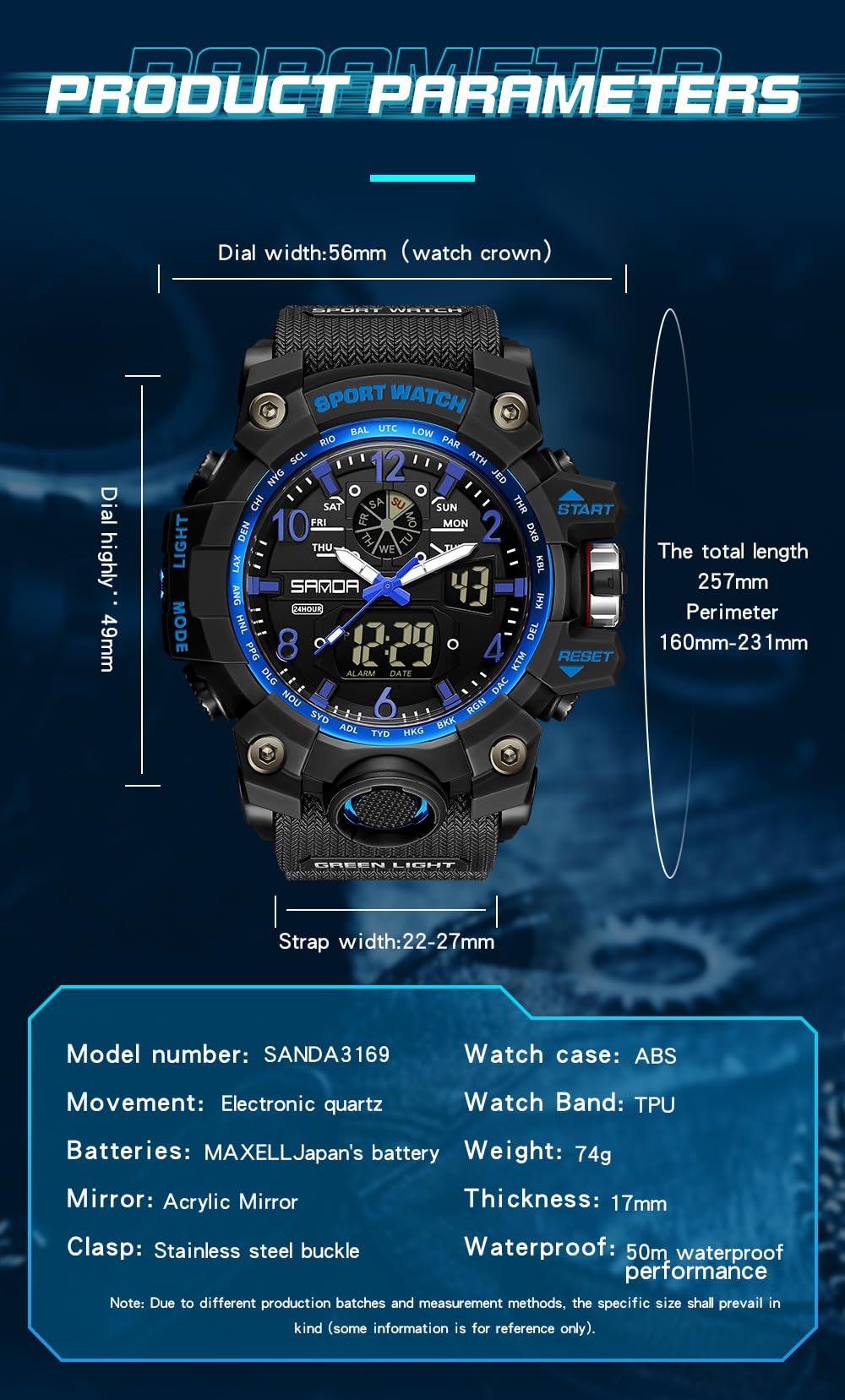 AIMES Mens Watches Sports Outdoor Waterproof Military Watch for Men Tactical Watch Analog Digital Date Alarm Stopwatch Black Blue Multi-Function Tactics Big Face Wristwatch for Men