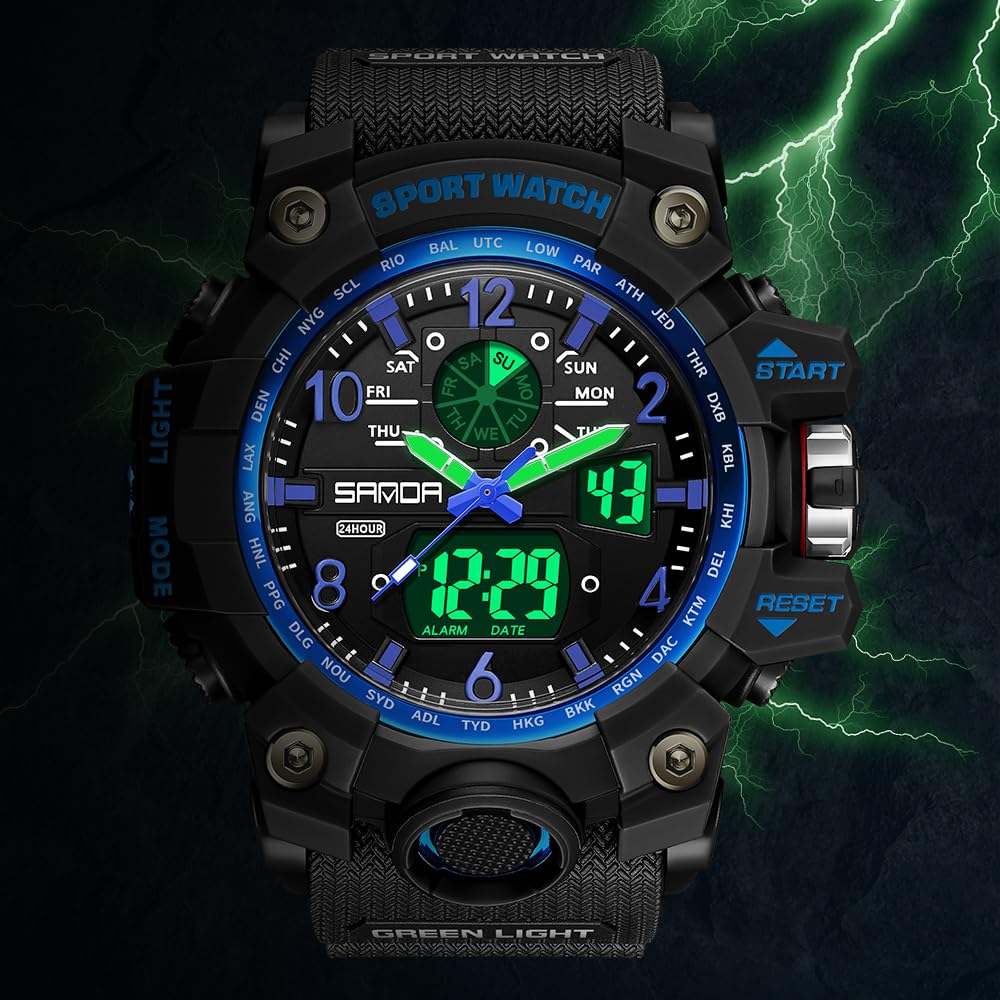 AIMES Mens Watches Sports Outdoor Waterproof Military Watch for Men Tactical Watch Analog Digital Date Alarm Stopwatch Black Blue Multi-Function Tactics Big Face Wristwatch for Men