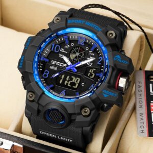 AIMES Mens Watches Sports Outdoor Waterproof Military Watch for Men Tactical Watch Analog Digital Date Alarm Stopwatch Black Blue Multi-Function Tactics Big Face Wristwatch for Men