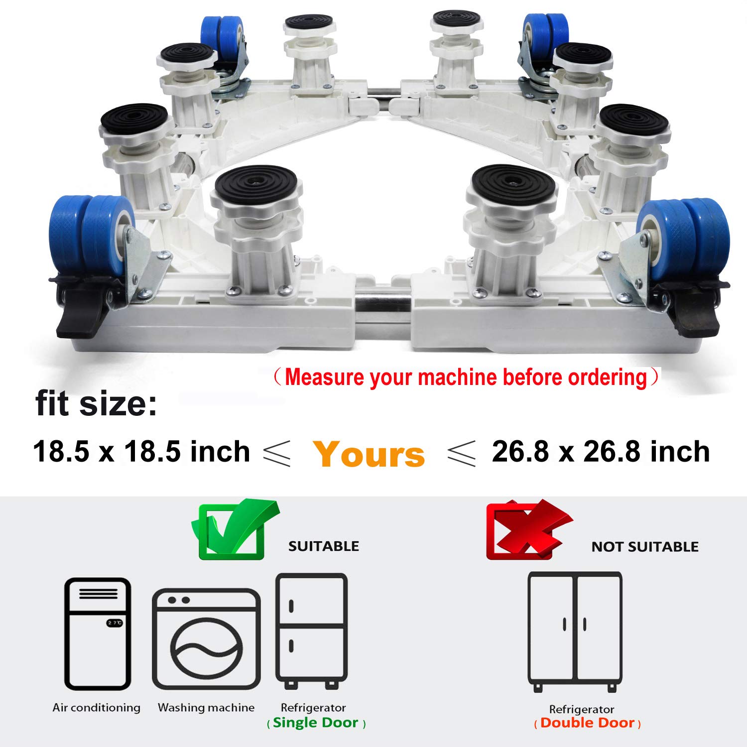 Jolitac Washing Machine Base Stand Movable Adjustable Bases for Refrigerator, 8 Strong Feet Multi-functional 4 Locking Rubber Swivel Wheels Roller Dolly for Dryer (8 feet, 4 wheels)