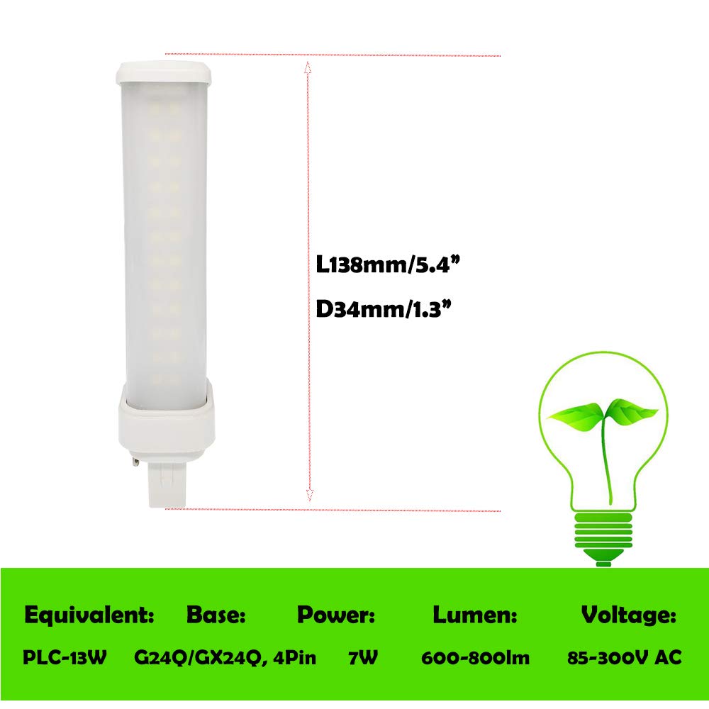 E-Simpo 2pcs G24Q 4Pin 7W 5.4"/138mm 6000K Plug in LED Bulb PL Horizontal Recessed Ceiling Downlight Sideview CFL 2U PL-C 13W Equivalent Replacement(Need Throw Ballast) G24Q Base 4-Pin, Daylight