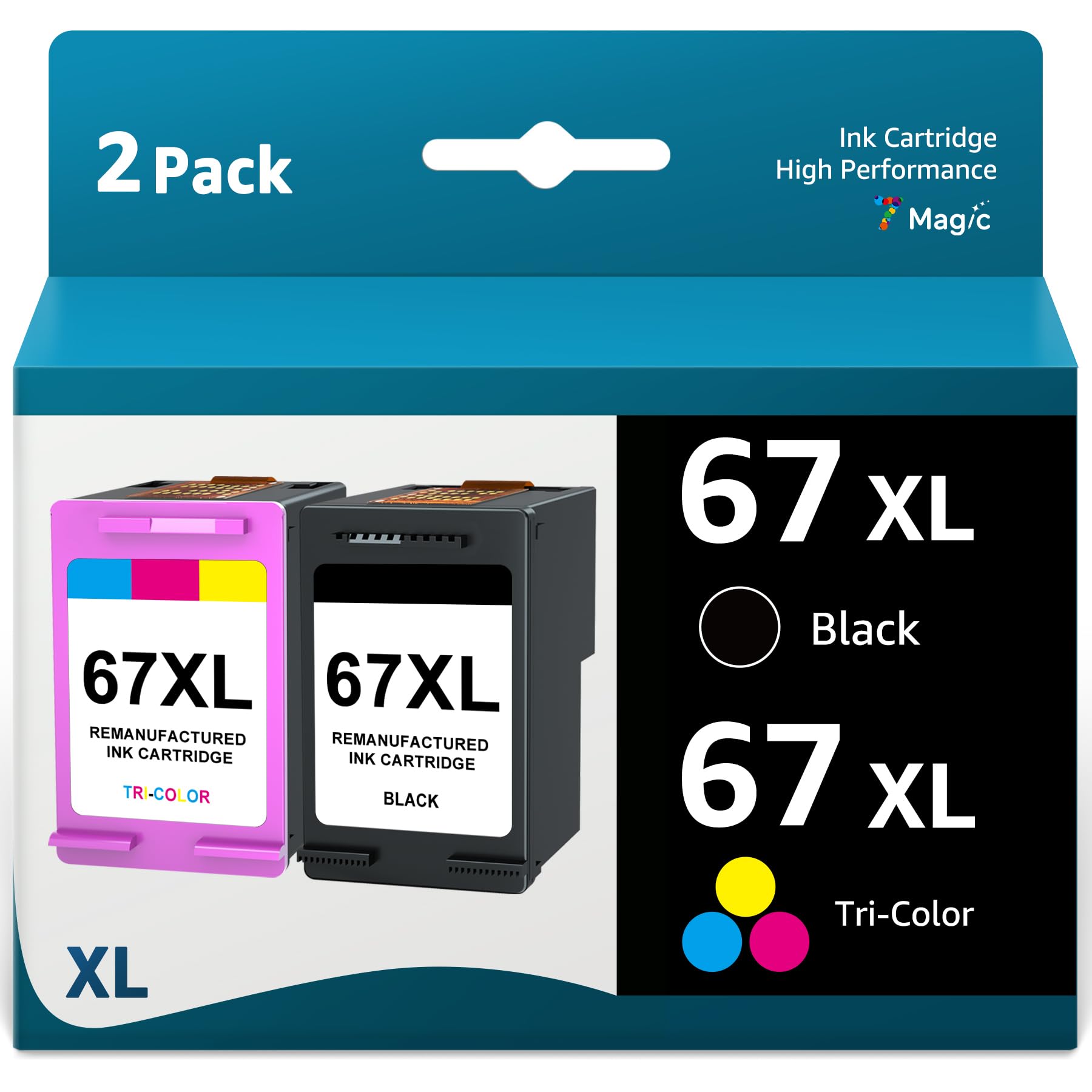 7Magic Remanufactured Ink Cartridge Replacement for HP 67XL Printer Ink for DeskJet 2755e 2755 2752 4155 Envy 6000 6055e 6055 6075 6400 6455 6455e 6475 6452 6458 Printer(1 Black, 1 Tri-Color)