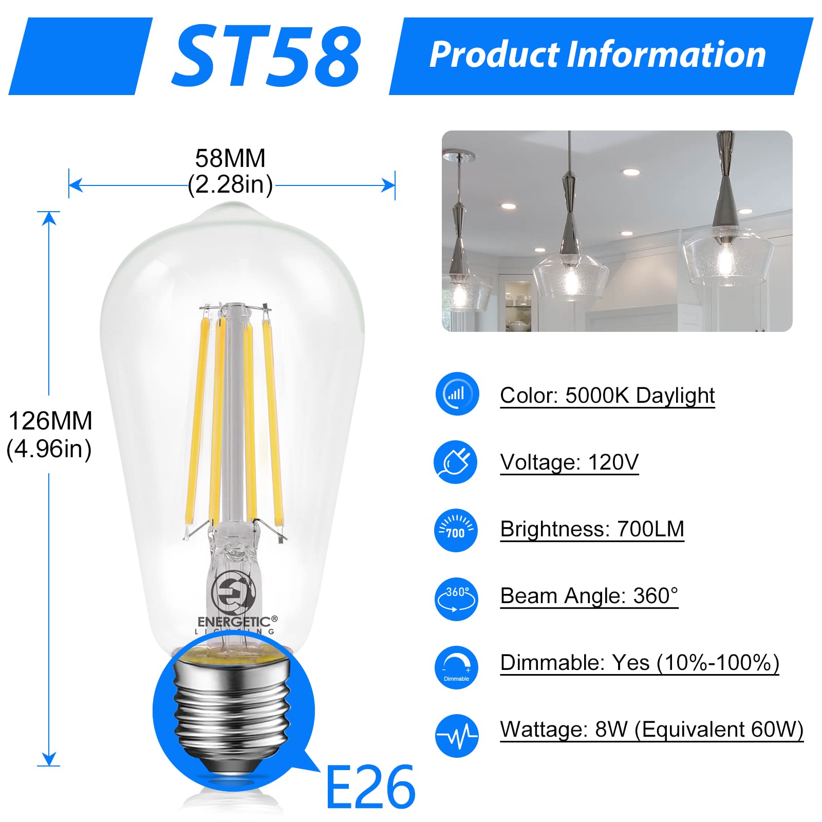 ENERGETIC Dimmable LED Filament Light Bulbs, High Brightness, 8W, 60 Watt Equivalent,ST58 ST18, Daylight 5000K, Classic Clear Glass, 4 Pack