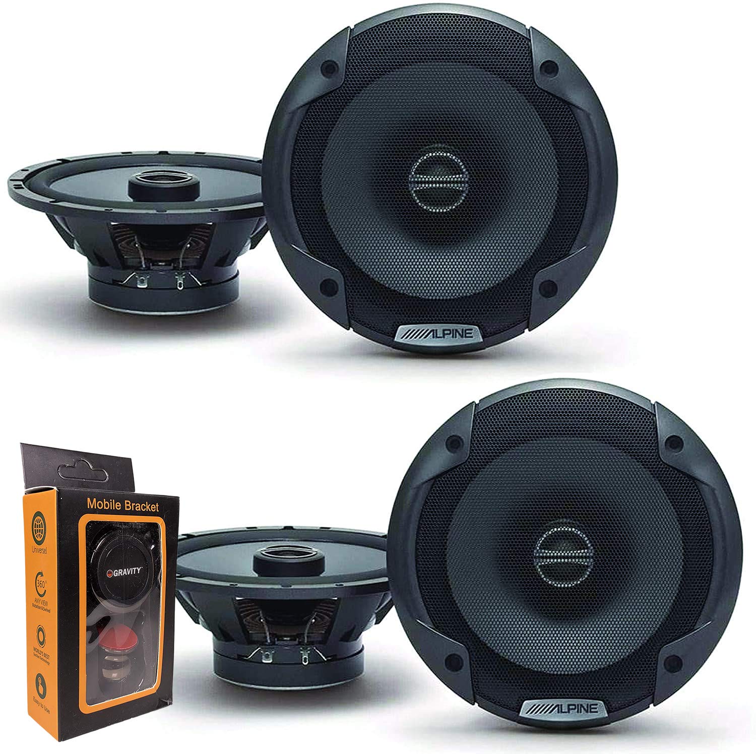 (2) Pairs of Alpine SPE-6000 120W 6.5" 2-Way Type-E Coaxial Speakers w/Silk Tweeters Plus Gravity Mobile Bracket Holder Bundle