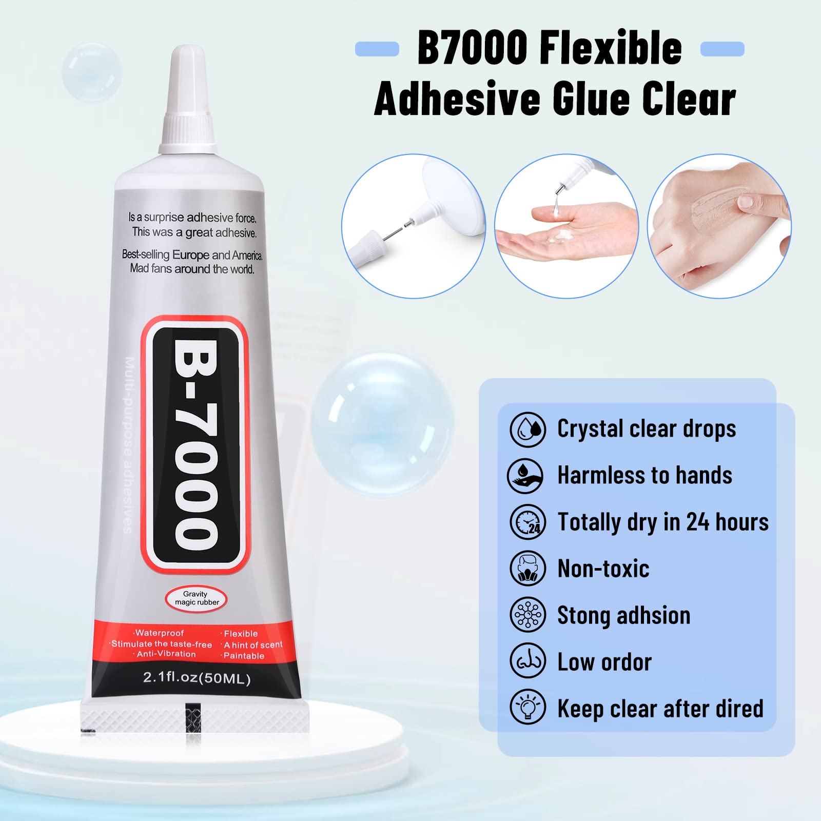 B-7000 Clear Glue Adhesive for Crafting, Industrial Strength Semi Fluid B7000 Glue with Precision Applicator Tips, Art Dotting Stylus Pens for DIY Rhinestone Jewelry Bead Making(2 PCS, 50 ML/ 2.1 oz)