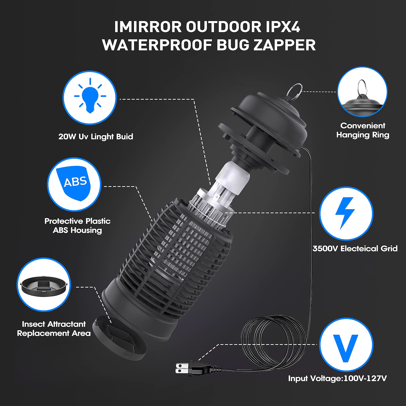 Bug Zapper, imirror Outdoor Bug Zapper, Waterproof Electronic Mosquito Zapper Fly Zapper for Outdoor and Indoor - 20W Black