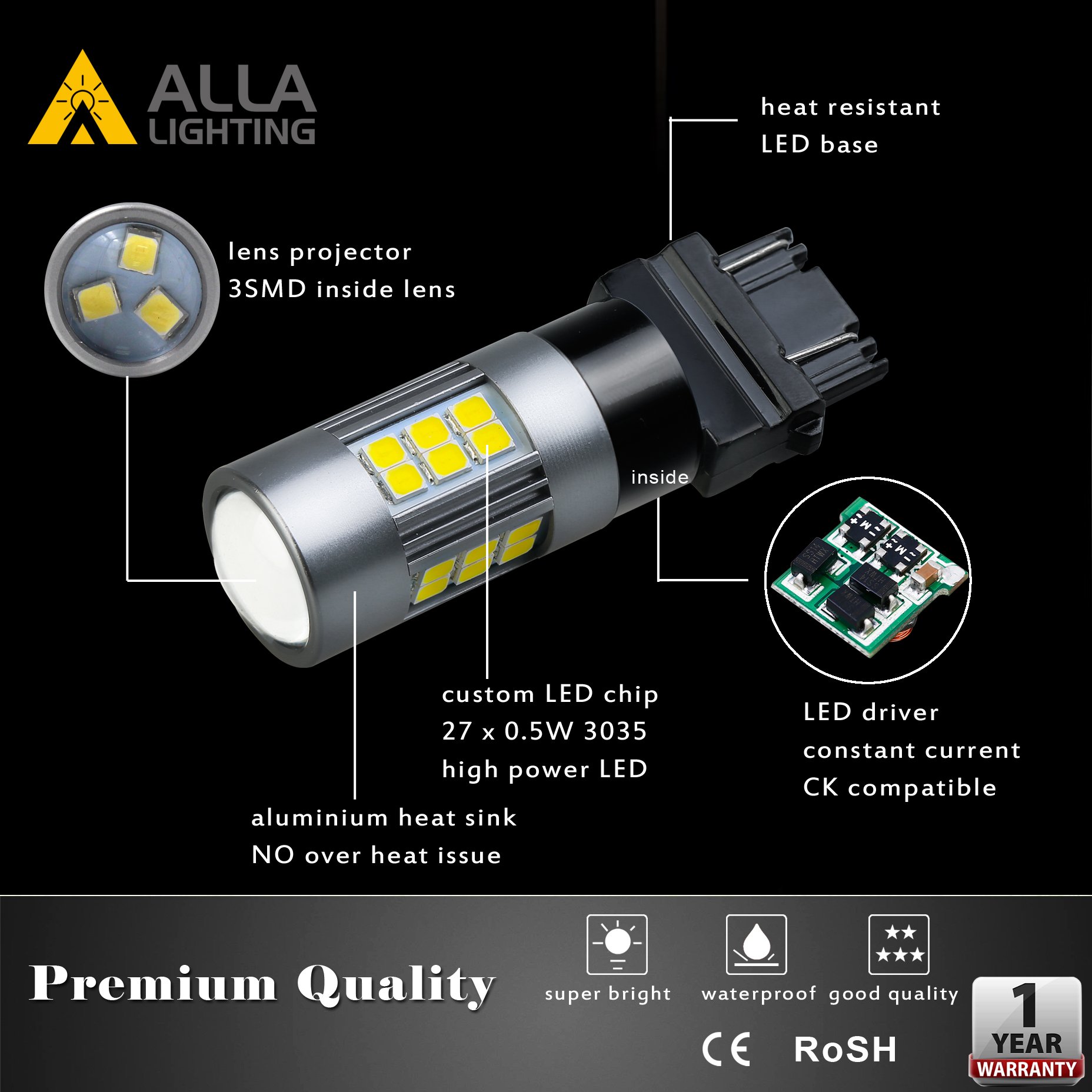 Alla Lighting Super Bright 2000lms T25 3156 3157 LED Bulbs, 6000K White Back-up Reverse Lights, DRL, Turn Signal, Brake Tail Lights Replacement, 3035 27-SMD 3056 3156K 3157K 3057 3047 4114 3457 3456