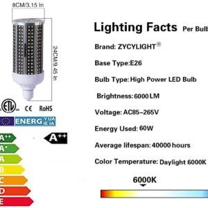 LED Corn Bulb,60 Watt (400W Equivalent),5500 Lumen,6000K- 6500K,Cool Daylight LED Street and Area Light,E26/E27 Medium Base,for Outdoor Indoor Garage Warehouse High Bay Barn Backyard and More，2 Pack