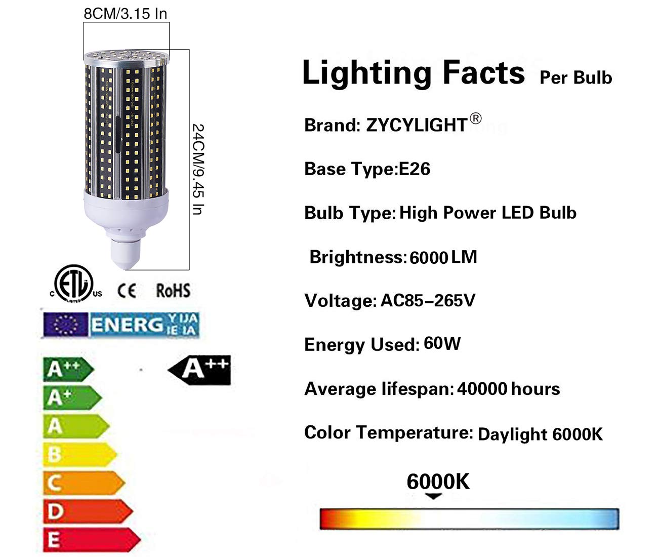 LED Corn Bulb,60 Watt (400W Equivalent),5500 Lumen,6000K- 6500K,Cool Daylight LED Street and Area Light,E26/E27 Medium Base,for Outdoor Indoor Garage Warehouse High Bay Barn Backyard and More，2 Pack