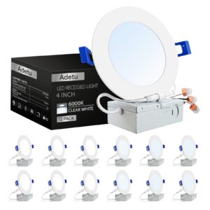 adetu 12 pack 4 inch ultra-thin led recessed ceiling light with junction box, dimmable canless wafer downlight,6000k daylight deluxe,9w eqv 80w,810lm high brightness,etl and energy star certified