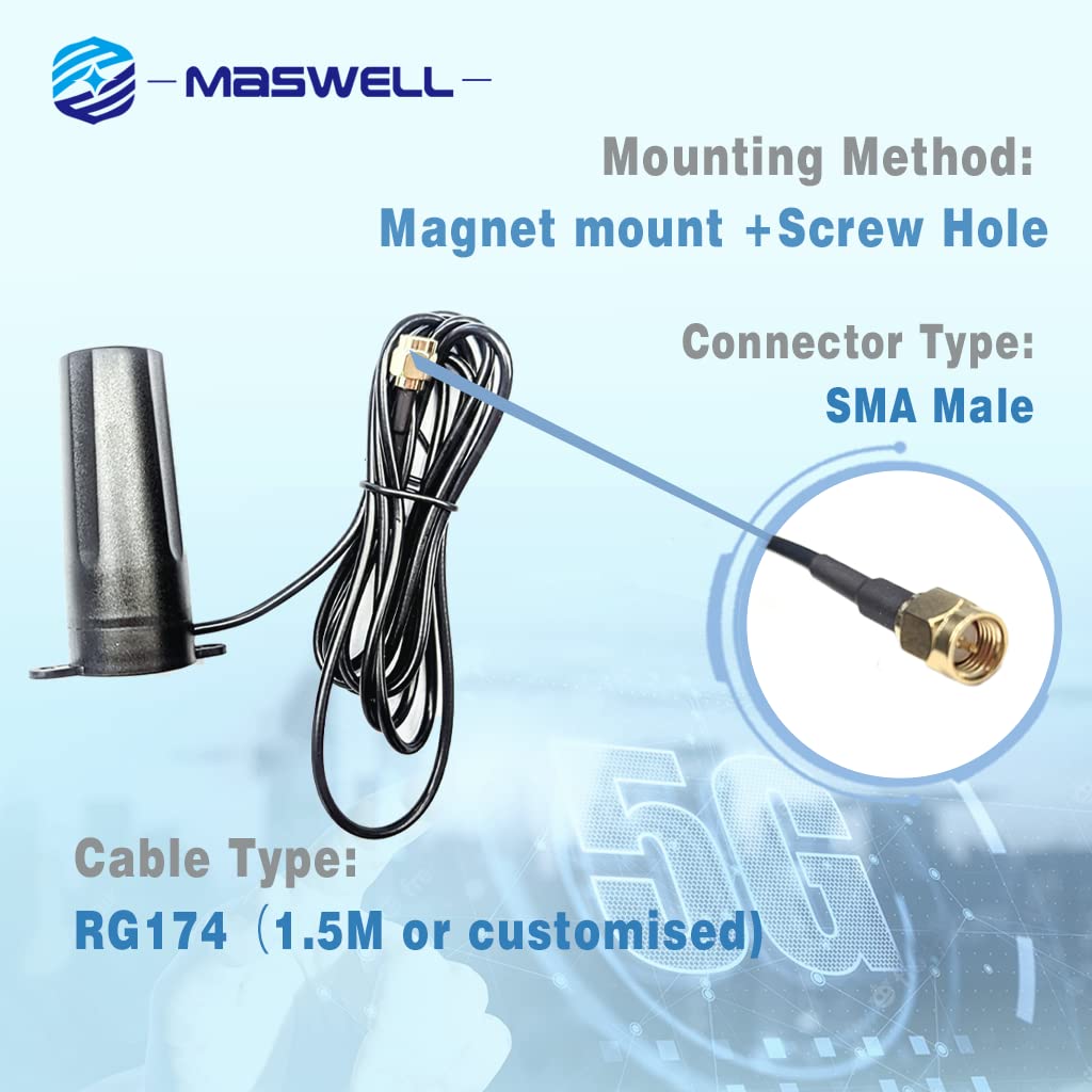 Maswell Cellular Antenna 600-6000 MHz 5G 4G WiFi6 Magnet and Screw Mount cost effective for IoT and Vending Machines（Indoor/Outdoor Cabinet IoT Antenna NOT for boosting