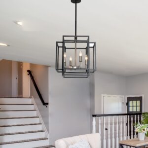 J&E Home 4-Light Lantern Tiered Pendant Light Fixtures, Island Light, Hall Foyer Hanging Chandelier, Wrought Iron Finish for Kitchen Farmhouse Entryway--Black+Brushed Nickel Color Dark Grey+brushed