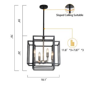 J&E Home 4-Light Lantern Tiered Pendant Light Fixtures, Island Light, Hall Foyer Hanging Chandelier, Wrought Iron Finish for Kitchen Farmhouse Entryway--Black+Brushed Nickel Color Dark Grey+brushed