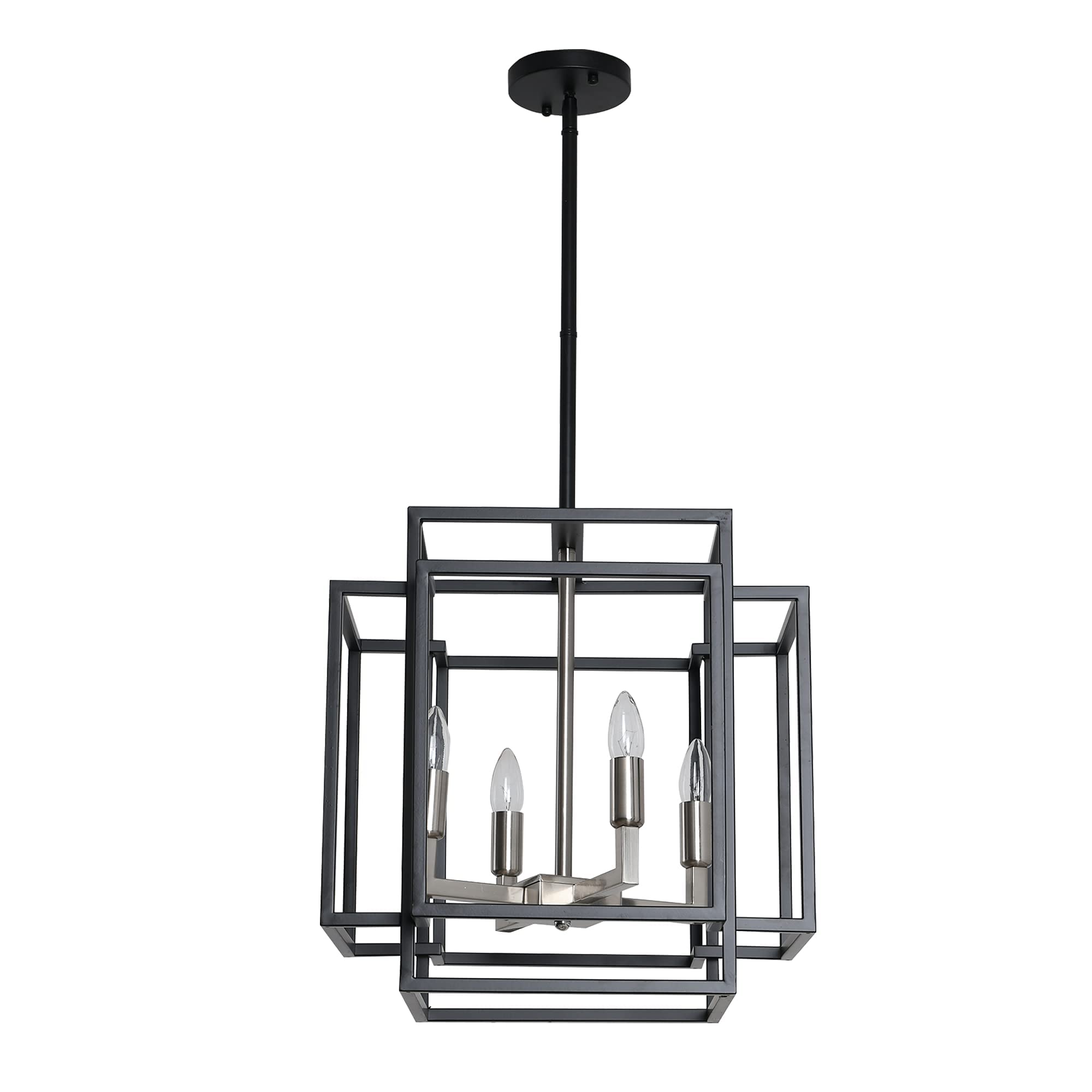 J&E Home 4-Light Lantern Tiered Pendant Light Fixtures, Island Light, Hall Foyer Hanging Chandelier, Wrought Iron Finish for Kitchen Farmhouse Entryway--Black+Brushed Nickel Color Dark Grey+brushed