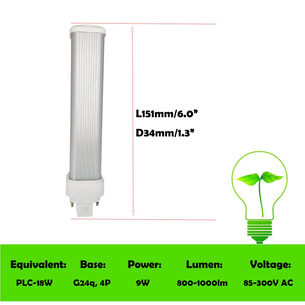 2pcs 9W G24 LED Bulb E-Simpo Horizontal Recessed 6'/151mm 800-1000lm Retrofit CFL 2U PL-C 18W Equivalent 180 Degree Beam Pin base LED Plug-in Bulb (Need Remove Ballast) (Daylight, G24q 4Pin 15mm)