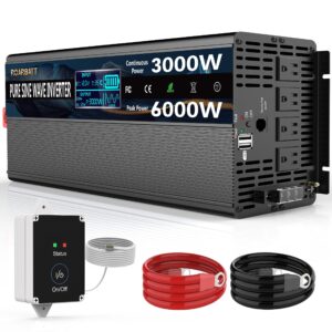 Pure Sine Wave Power Inverters 3000W 12V DC to AC 110V 120V Peak Power 6000W with Remote Control 4 AC Outlets,Dual USB Port,LED Display AC Terminal Blocks for Power Inverter Truck RV Car Solar System