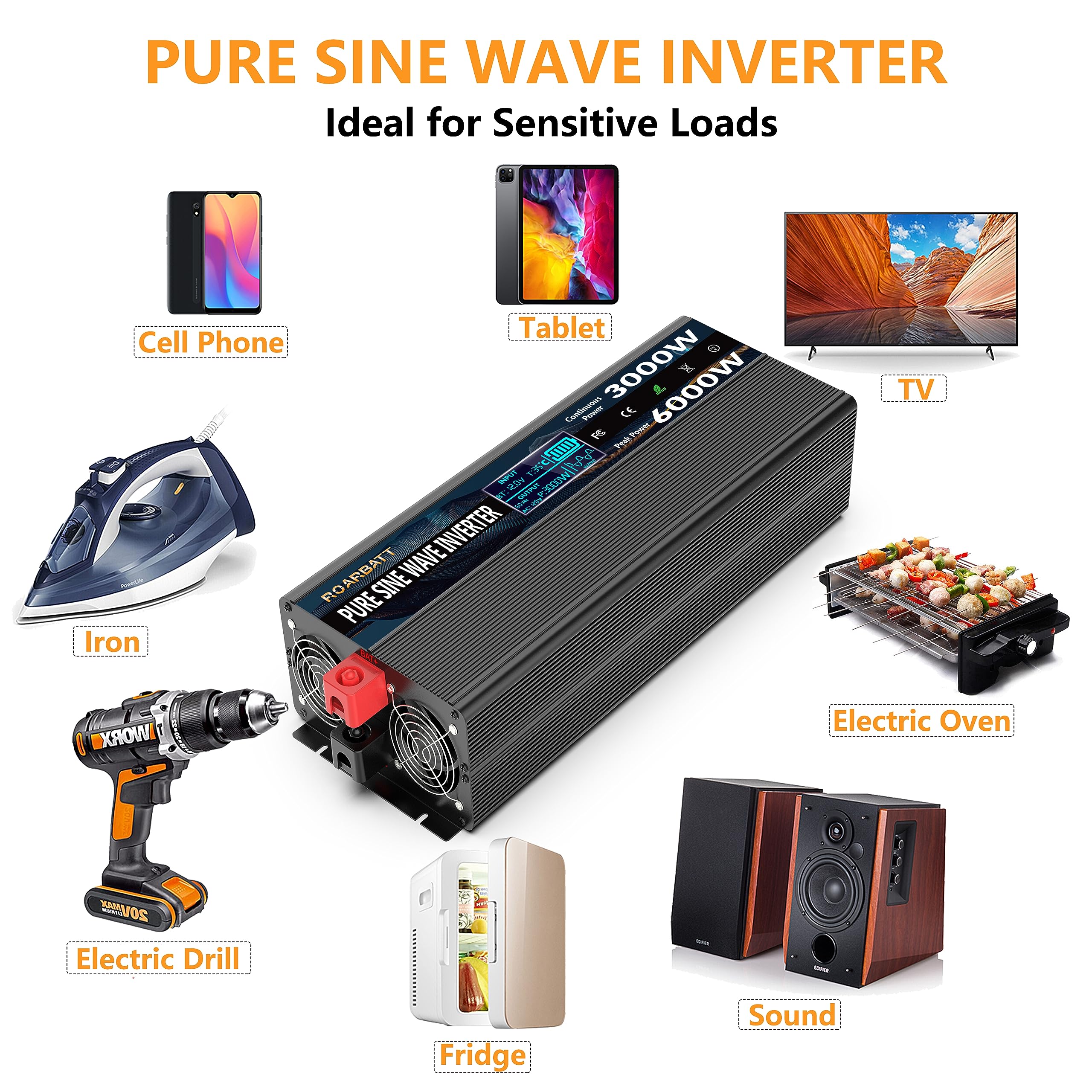 Pure Sine Wave Power Inverters 3000W 12V DC to AC 110V 120V Peak Power 6000W with Remote Control 4 AC Outlets,Dual USB Port,LED Display AC Terminal Blocks for Power Inverter Truck RV Car Solar System