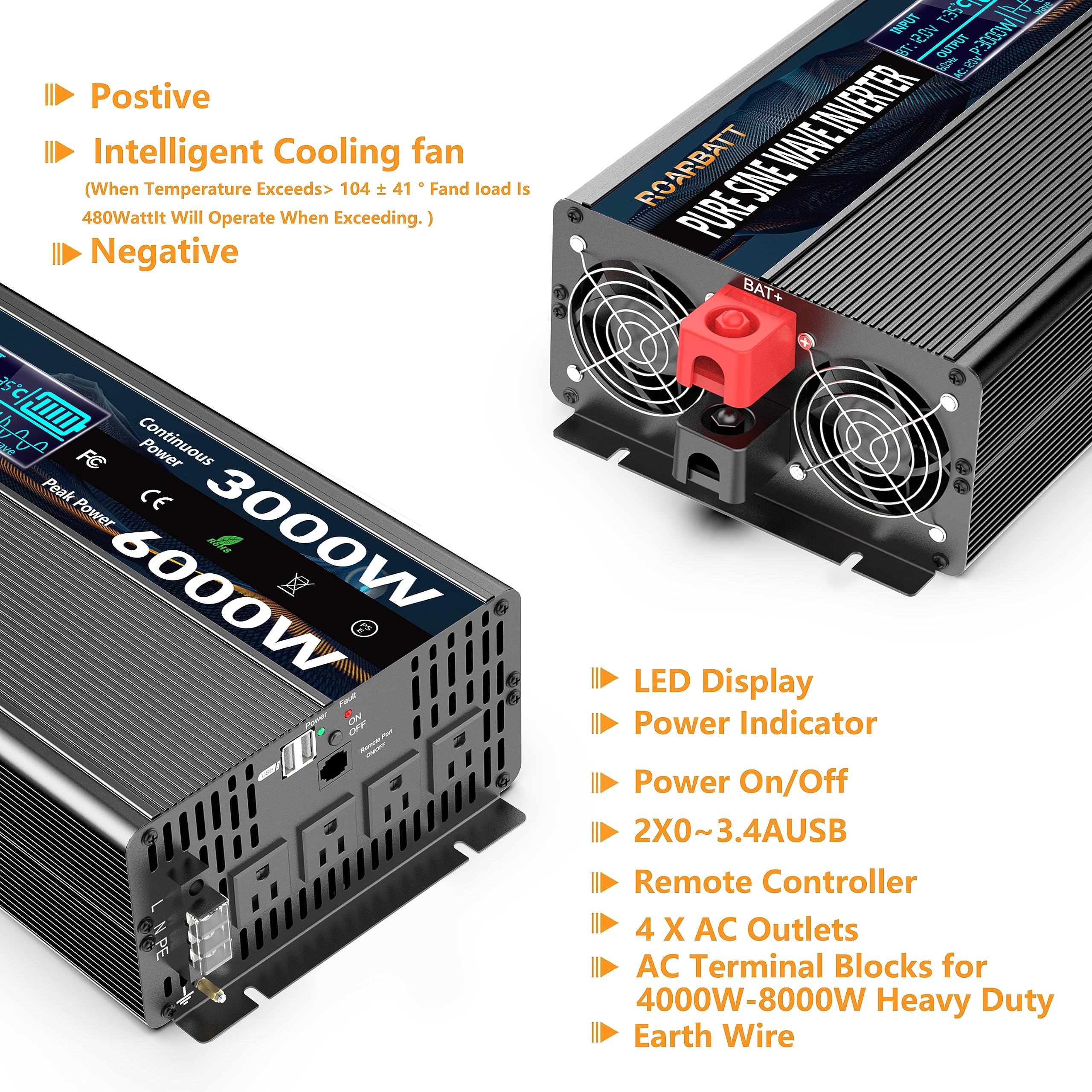 Pure Sine Wave Power Inverters 3000W 12V DC to AC 110V 120V Peak Power 6000W with Remote Control 4 AC Outlets,Dual USB Port,LED Display AC Terminal Blocks for Power Inverter Truck RV Car Solar System