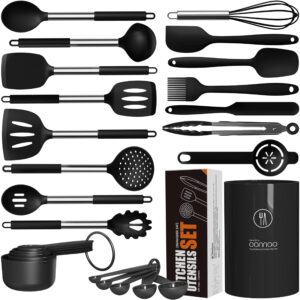 large silicone cooking utensils set - heat resistant kitchen utensils sets,spatula,spoon,turner tongs,brush,whisk,stainless steel silicone cooking utensil for nonstick cookware dishwasher safe (black)